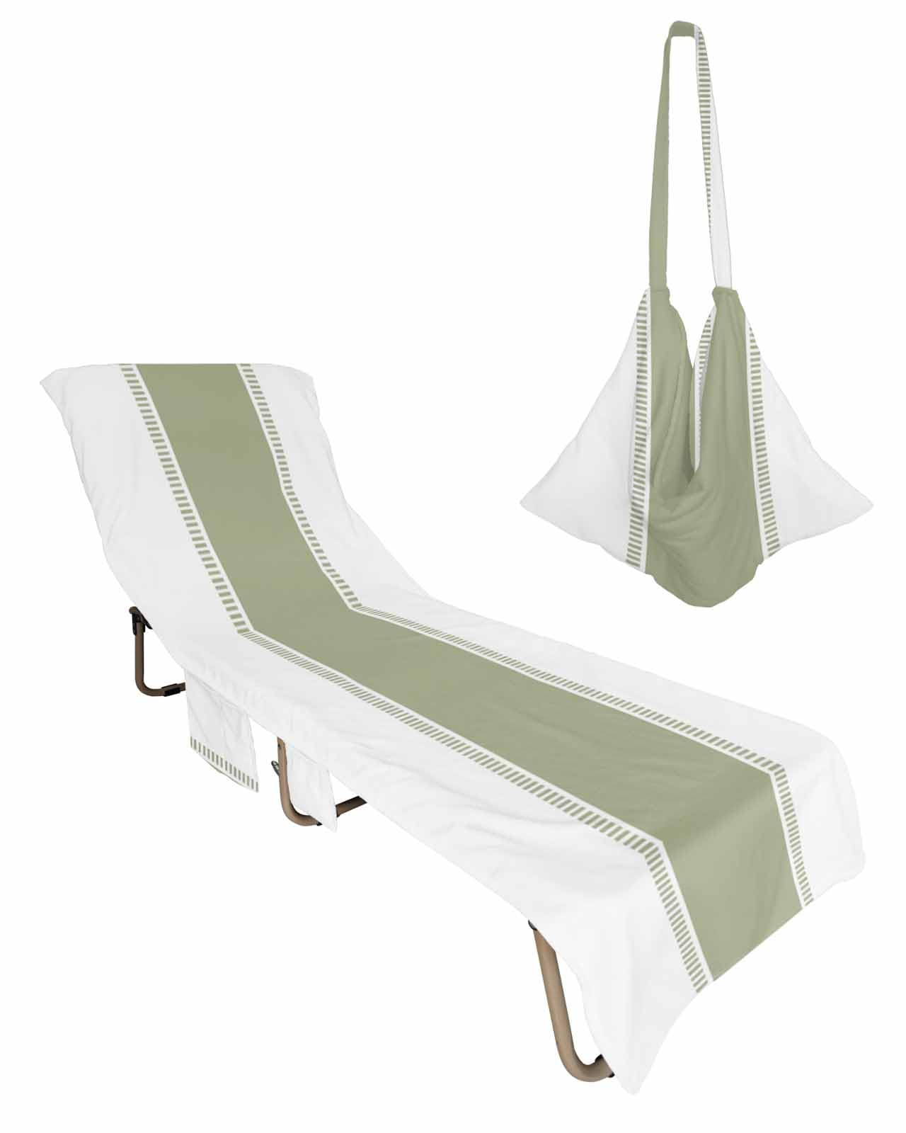 Sage Green Striped Beach Lounge Chair Towel Cover, Soft Chaise Lounge Towel with Side Pockets Patio Pool Chairs Cover for Beach/Pool Sunbathing 29x85 Modern Geometric Abstract Art