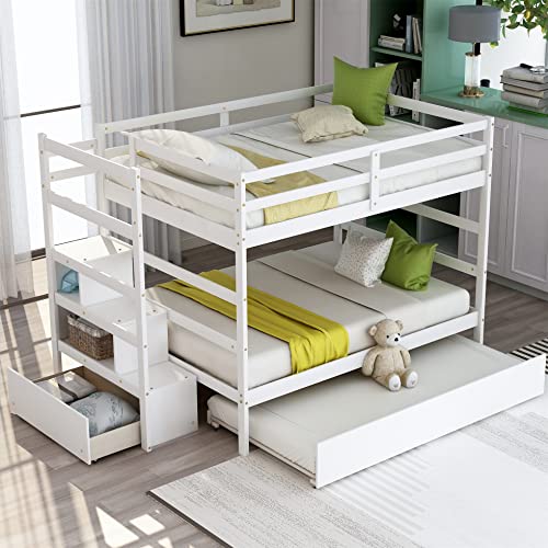 Full Over Full Bunk Beds with Trundle and Stairway, Wood Bunk Bed Frame with Storage Shelves and Drawers for Kids Teens Adult, Detachable Wood Full Bunk Bed (Full, White)
