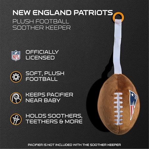 Image of New England Patriots Plush Football Pacifier Holder by Smilo - Officially Licensed NFL Soother Holder - Soft Plush Toy and Dummy Holder - Fits Any Pacifier - Stroller Accessory & Newborn Essential