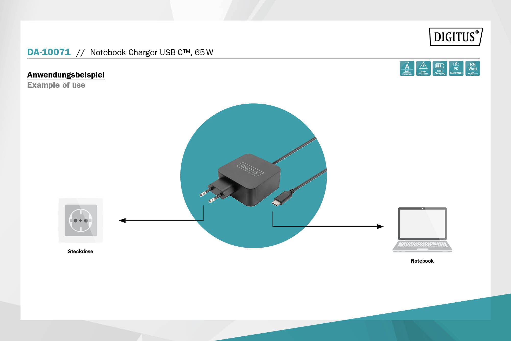 DIGITUS Ładowarka 65 W - Z kablem do ładowania USB-C - Fast Charger Power Delivery (PD 3.0) - Do MacBook Pro/Air, Lenovo, ThinkPad, HP, Dell, ASUS, Acer & Urządzenia mobilne - Czarny