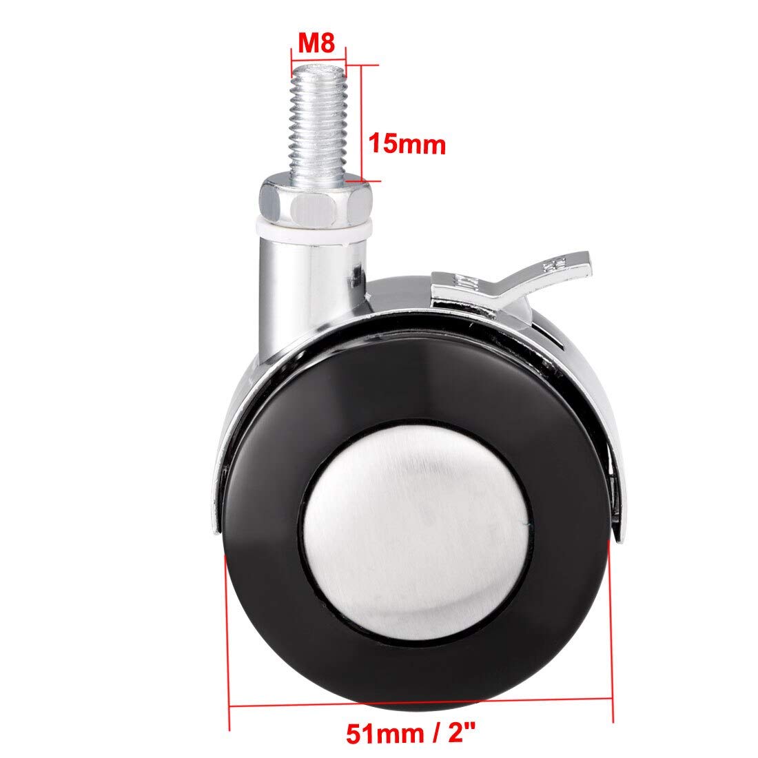 Lot de 8 roulettes pivotantes de 5 cm (2 Pouces) à Double Roue avec Frein, Tige filetée M8 x 15 mm, capacité de Charge 20 kg (44 LB).