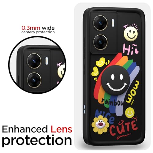 Image of Pikkme Back Cover for Vivo V29e 5G | Soft Silicone| Cute Rainbow Smile & 3D Cartoon Flower Design | Shockproof Raised Camera Protection Bumper Case (Black)