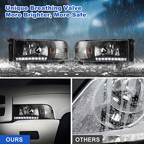 Roxx Headlights Assembly For 1994-2001 Dodge Ram 1500 2500 3500, 1995-2002 Dodge Ram 4000, Headlights W/Led Drl, Amber Reflector, High Low Beam, Driver & Passenger Side (With Led Drl) #TOP1