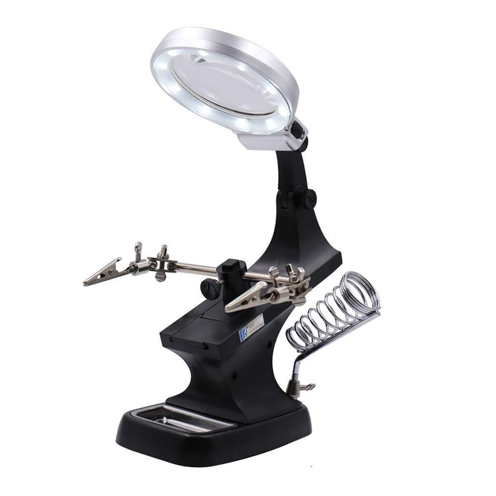 Lupa LED y lámpara de Escritorio 5X - 10X con Pinza de reparación Tipo cocodrilo y Soporte Auxiliar.