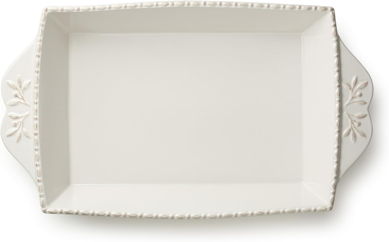 Heritage Rectangular Baker 16" x 10.25" 144oz – Ivory Stoneware Baking Dish with Embossed Leaf Handles & Beaded Rim – Farmhouse Oven-to-Table Serveware for Casseroles, Lasagna, Roasts