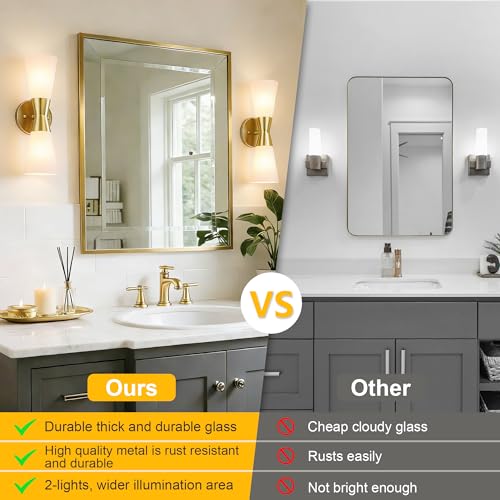 Image of Wall Sconces Set of 2 for Bathroom, Modern Indoor Vanity Light Fixtures 15 inch, Up Down Lighting, Wall Mount Lamp for Living Room Bedroom Hallway Stairway Fireplace Mirror E26 Base 2PC White&Gold