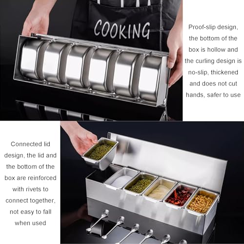Juego de especias de acero inoxidable con recipientes y tapas, dispensador de condimentos para especias, salsas, mermeladas e ingredientes, 57 x 18,5 x 14,5 cm
