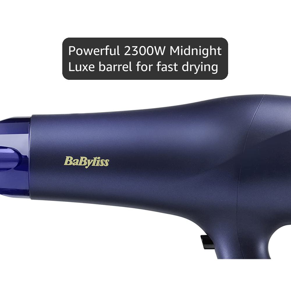 BaByliss Midnight Luxe Hair Dryer - Powerful 2300W Blow Dryer, Ionic Frizz-Control, Fast Drying, Professional and Lightweight, 3 Heat & 2 Speed Settings, 5781U