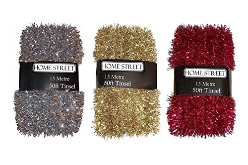 Homestreet extra lungo 45 metre, 45,7 m, rosso, argento o oro Tinsel in una scelta di decorazione di Natale. MIXED