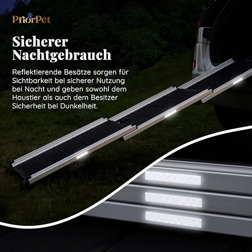 Hunderampe Auto Klappbar- Teleskop Alu Rampe für große Hunde - Stabile Hundetreppe Auto & SUV - rutschfest - Reflektierende Seiten - Hundeleiter Auto - 90kg Belastbarkeit - Befestigungsclip - Schwarz