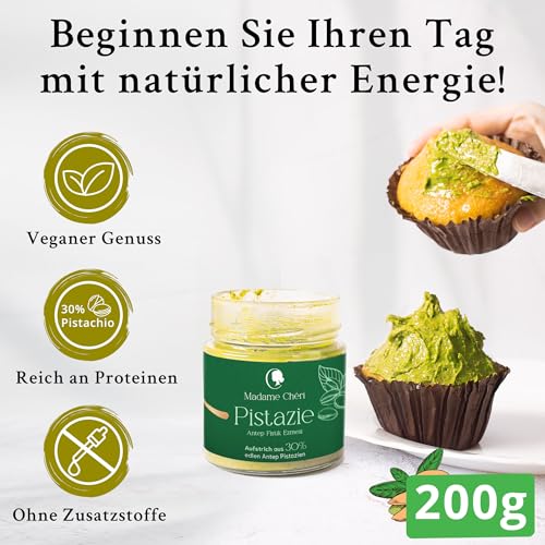 Madame Chéri Pistaziencreme vegan aus 30% Antep Pistazien | 200g | Pistazienaufstrich auf Kichererbsenbasis ohne Zusatzstoffe aus der Türkei | Pistazien ideal für Brot und zum Füllen von Kuchen