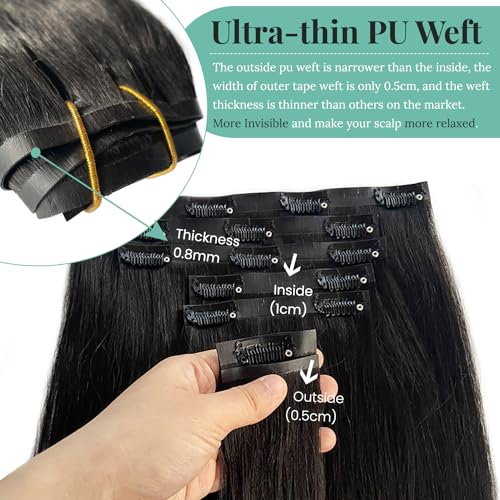 Image of Seamless Clip in Hair Extensions Human Hair, Natural Black Hair Extensions Real Human Hair Clip ins Extensions 7pcs 100G 16 Inch, Ubetta Straight Remy Human Hair Extensions for Women