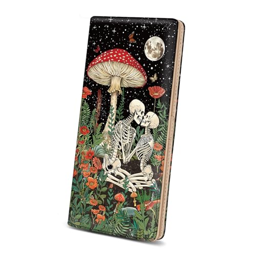 Image of Immaturus Womens Wallet, Mushroom Skull Slim Thin RFID Blocking Credit Card Wallets, Long Bifold PU Leather Card Holder Organizer, Goth Cash Clutch Billfold with Zipper Coin Pocket Ladies Girls Gift