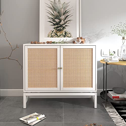 Zehuoge White Sideboard Buffet Side Cabinet Rattan Cupboard With Natural Rattan, 2-Tier Storage Cabinet Rattan Accent Cabinet Built-In 3-Stage Adjustable Detachable Shelf #TOP20
