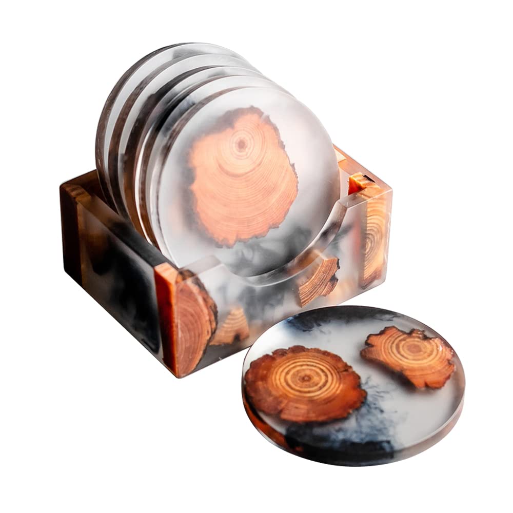 DIYOMR Set of 6 Wood Coasters with Holder, Resin Epoxy Coaster for Drinks, Cool Coaster Art for Home Office Coffee Bar Table Protection Decor (6 Round