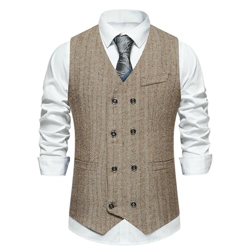 Men’s Double Breasted Tweed Suit Vest Herringbone Vintage Waistcoat for Wedding Business Party Fall or Winter Outfit