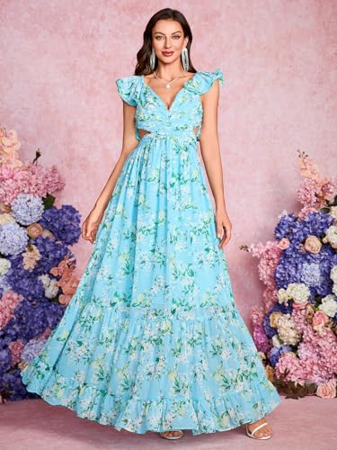 Image of Women's Summer Floral Print Straps Sleeveless V Neck Criss Cross Backless Chiffon Beach Boho Party Long Maxi Dress