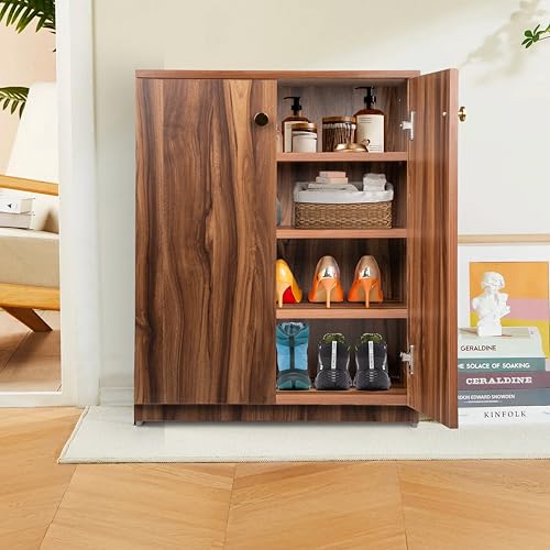 Image of Wooden Shoe Rack with Doors | Compact Shoe Cabinet for Home Entryway & Living Room | Modern Closed Shoe Storage Unit in Walnut Finish (76 x 60 x 32 cm) (Dark Asain, 4 Shelves) DIY