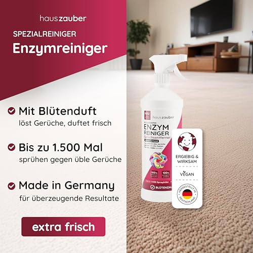 hauszauber - Enzymreiniger [STARKER GERUCHSENTFERNER] 1000 ml - Gegen Katzenurin, Nikotin, Tiergerüche etc. - Schlechte Gerüche aus Auto & Teppich entfernen - Geruchsentferner - Blütenzauber