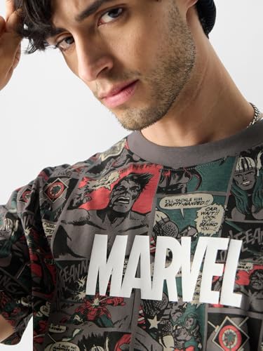 Image of The Souled Store Official Marvel: Comic Nerd Men and Boys Short Sleeves Round Neck Grey All Over Printed Cotton T-Shirts