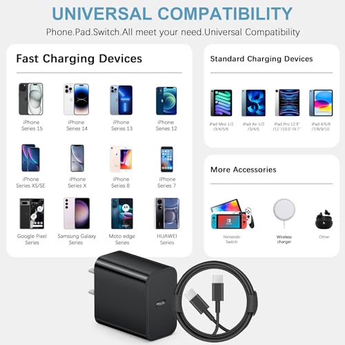 Image of iPhone 17 16 15 Charger Fast Charging Type C Chargers USB C Charger Block iPhone Air Chargers with 2 Pack 6FT Cable for iPhone 17 /17 Plus /17 Pro Max /16 /16 Plus /16 Pro Max /15 Pro Max /iPad Pro(Black)