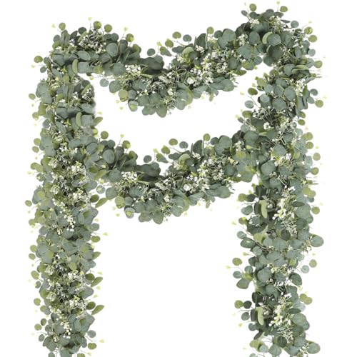 Lot de 2 guirlandes d'eucalyptus artificielles - 180 cm - Feuilles blanches à suspendre - Vert - Eucalyptus - Décoration florale - Plante artificielle - Pour...