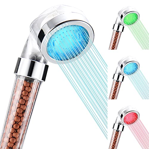 ENUS LED Shower Head 3 Color Changing High Pressure Filter Shower Head with Beads LED Lights Mineral Stream Handheld Shower Head