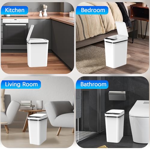 Image of 3 Pack Automatic Small Bathroom Trash Can with Lid - 2.5 Gallon Touchless Garbage Can, Motion Sensor Smart Trash Bin, Slim Dog Proof Trashcan, Waterproof Wastebasket for Bedroom Office Kitchen (White)
