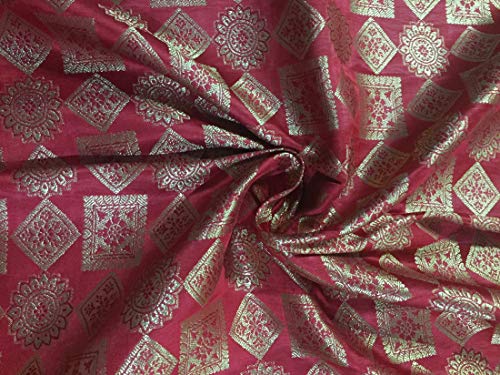 Brocart de soie rouge vif et doré métallique BRO702 coupon tissu 111cm de large
