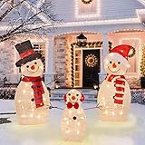 ATDAWN Pre-Lit Light Up Snowman Family, 60 Lights Christmas Collapsible Snowman Outdoor Decoration,