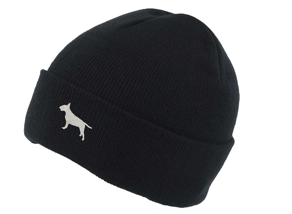 The House Of Dog: Bull Terrier Owner Gift. Classic Cuffed Unisex Beanie Ski Hat with Embroidered Design. Black
