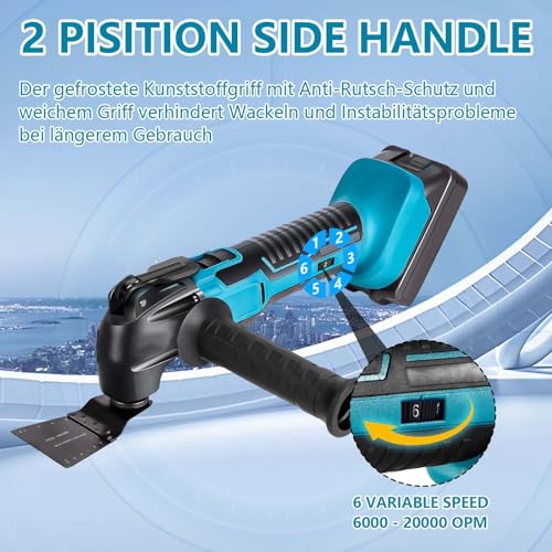 Akku Multifunktionswerkzeug, Oszillationswerkzeug 6 Einstellbare Geschwindigkeiten 8500-22000RPM, Multitool mit 2 x 3000mAh Akku, 4°Oszillationswinkel, zum Schneiden, Schnitzen, Bohren, Schleifen – Bild 4