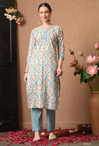 Image of Amazon Brand - Tavasya Womens Floral Printed Regular Pure Cotton Kurta with Trousers & Dupatta | Kurta Set | Salwar Suit | Ethnic Wear