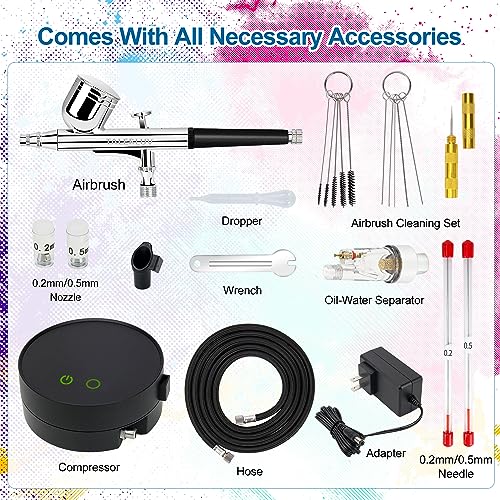 Adjustable Airbrush Compressor Kit - 3 PSI Settings up to 30 PSI, Dual Action Airbrush with Multiple Nozzles and Accessories for Painting, Model Spray, Nail, Makeup, Cake Decoration & Tattoo - Image 2