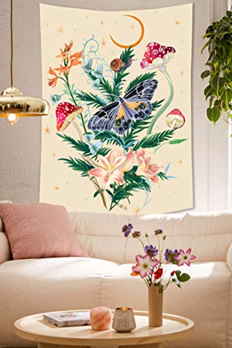 Fowocu Butterfly And Flower Vertical Tapestry Wall Hanging, Moon And Stars Floral Tapestries, Beige Wildflower Aesthetic Tarot Wall Tapestry For Bedroom Dorm Living Room (Beige, 36'' × 48'') #TOP4