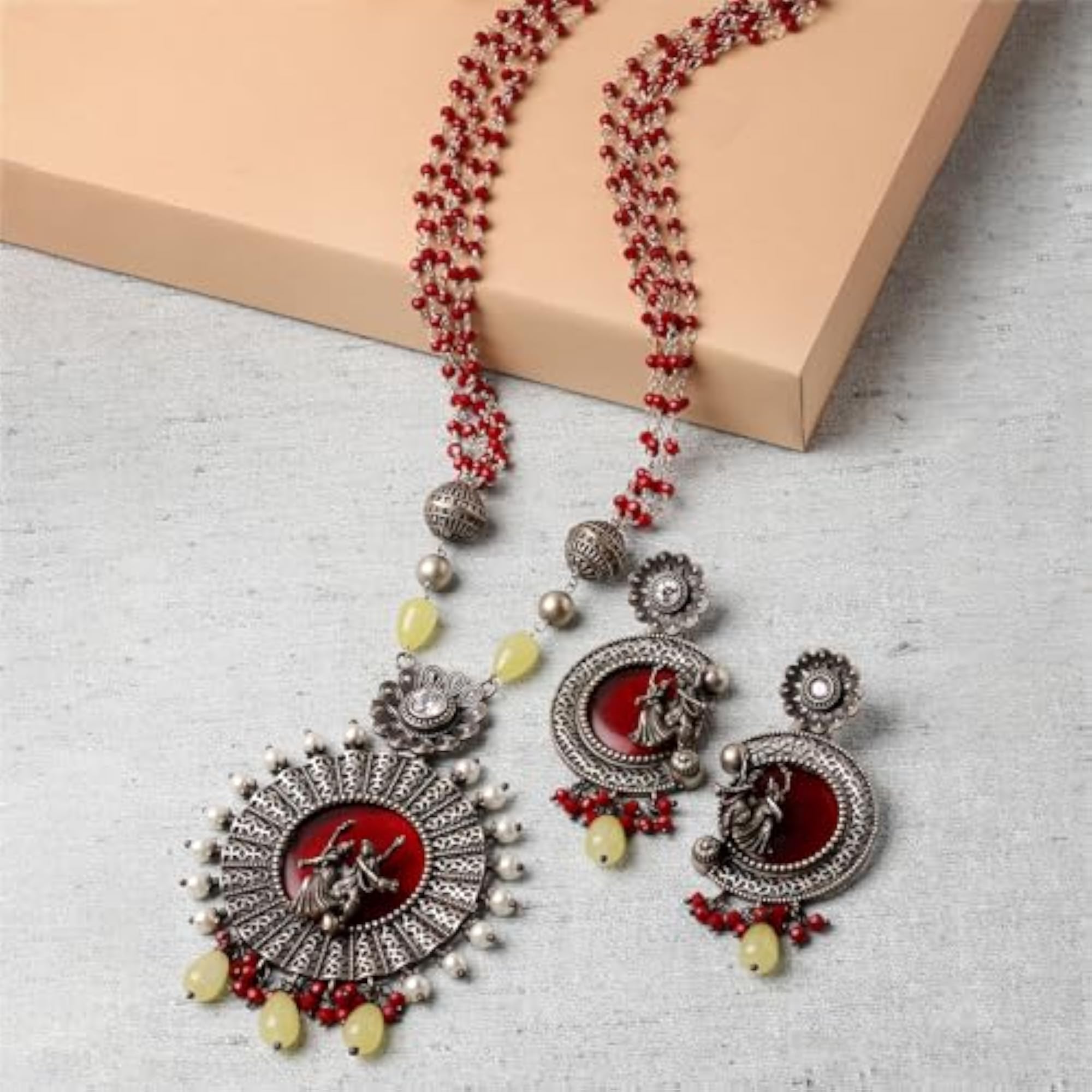 Antique Matte God Krishna Jewellery Set with Stone Studded & Beads