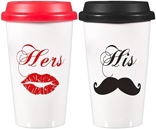 Ceramic Coffee tumbler set Traveler Insulated His & Hers Mugs ~ 12 Oz. Double Wall Construction Insulation ~ Red & Black Silicone Lid