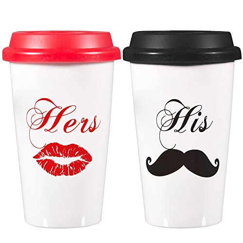 Ceramic Coffee tumbler set Traveler Insulated His & Hers Mugs ~ 12 Oz. Double Wall Construction Insulation ~ Red & Black Silicone Lid