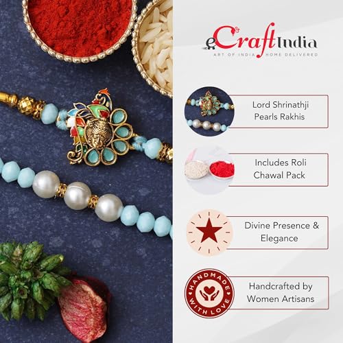 Image of eCraftIndia Set of 2 Light Blue Golden Premium Designer Rakhi for Brother Bhaiya Bhai | Roli Chawal Pack | Rakhi Combo