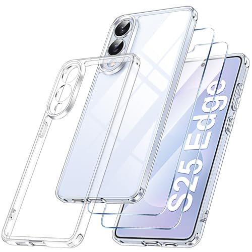 Qasyfanc Handyhülle Kompatibel mit Samsung Galaxy S25 Edge Hülle mit Kameraschutz und 2 Stück Schutzfolie, Hard PC Nie Vergilbung Case Transparent Militärschutz Fallschutz Schutzhülle, Klar