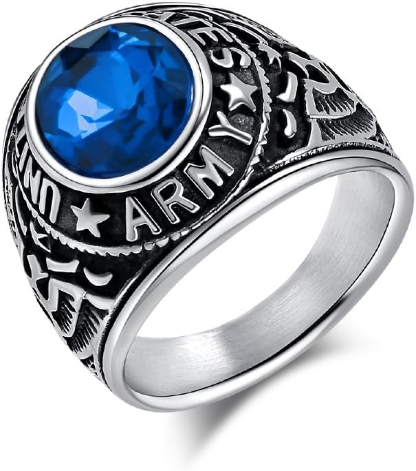 Men's Stainless Steel Vintage Gem Stone Ring National Emblem Round Signet Rings Cool Army Jewelry
