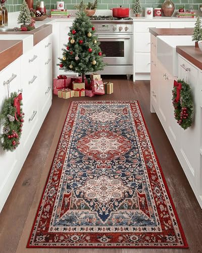 YJ.GWL Area Rug 2x7, Machine Washable Hallway Runner Rug, Boho Floral Vintage Distress Print Pattern Carpet, Low Pile Lightweight Thin Rugs for Entryway, Kitchen and Corridor, Red