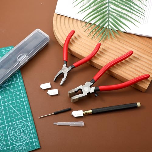 7 Pcs Premium Glass Running Breaking Pliers and Glass Cutter Kit, Glasses Cutting Tools, Heavy Duty Glasses Cutting Tool with Rubber Tip for Mosaics, Tile, Fusing, Breaking