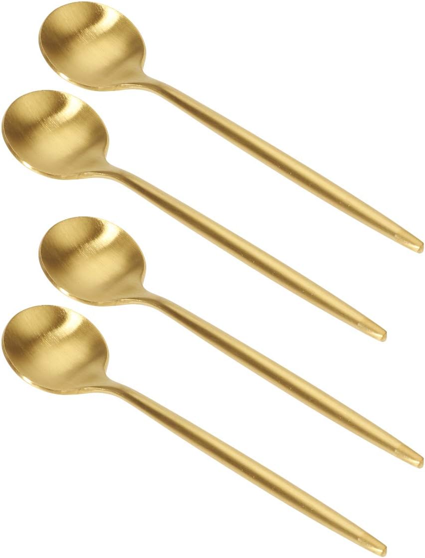 4 Pack Golden Small Spoons Set 5 inch Stainless Steel dessert Spoon Mini Round Dessert Spoons for Coffee Dessert Spoons
