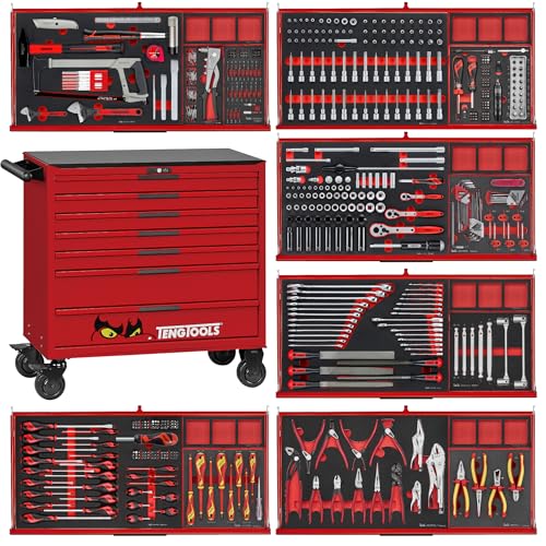 Teng Tools 637 Piece PRO35 37 Inch Wide EVA Foam Red Roller Cabinet Hand Tool Kit - TKW37R637F