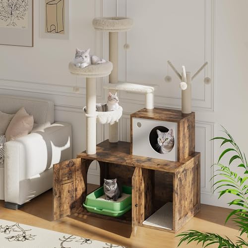 Torre moderna de madera para gatos con caja de arena oculta miniatura 7