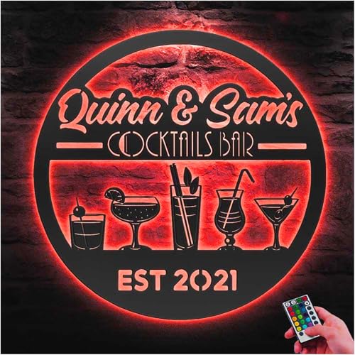 Personalized Cocktail Bar Metal Wall Art LED Light – Custom