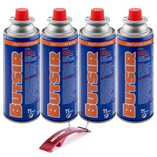 Lote de Cartucho de Gas B250 con Valvula - Isobutano 227g + Llavero/Abrebotellas Bricolemar de Regalo (4 Cartuchos + Llavero Bricolemar)