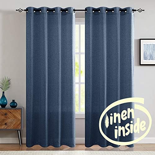 Linen Curtains for Living Room Drapes Flax Window Curtain Panels for Bedroom 1 Pair 95" Indigo Blue