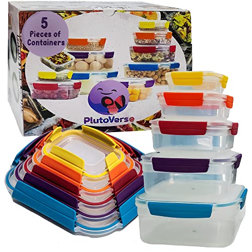Plutoverse Food Storage Containers with Colorful Lids, Set of 5-pieces - Multi-color Stackable Lunch Box, for Fridge, Freezer, and Microwave -Dishwasher safe, and Leak-proof, PVCo55